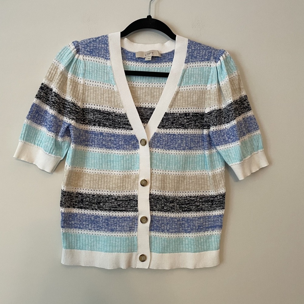 Loft 100% Cotton Pointelle Knit Short Puff Sleeve Cardigan Size M Coastal Preppy